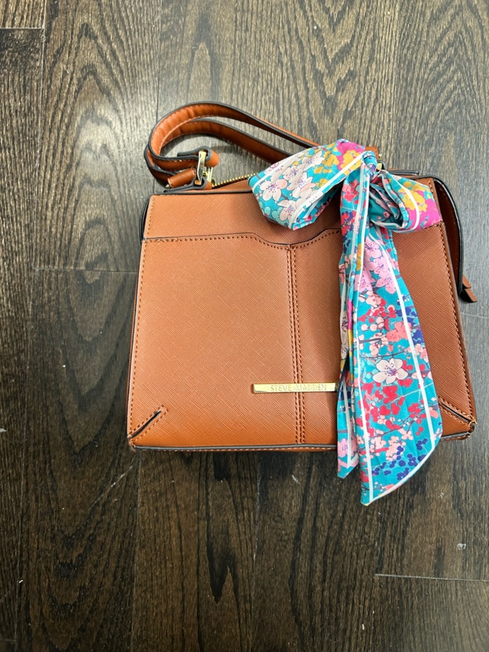 Steve Madden Brown Crossbody Bag with Colorful Floral Scarf